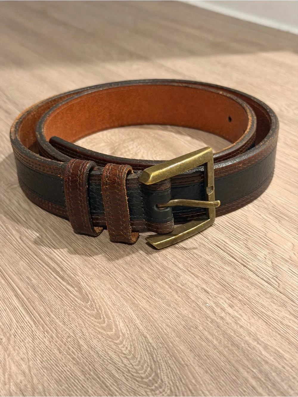 Allen Edmonds Leather Belt Mens 34 Brown Black Two Tone Casual USA Brass Buckle